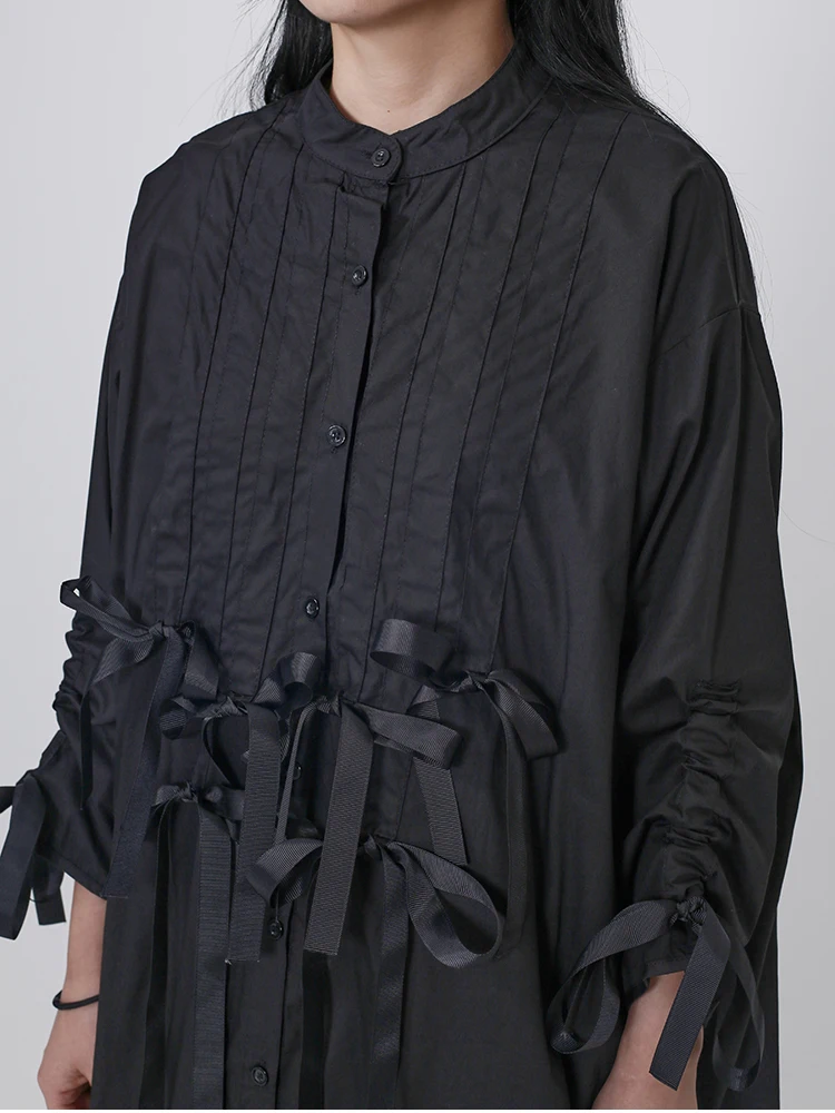 YERMORA Women Black Ribbon Big Size Casual Shirt Dress Stand Collar Long Sleeve Loose Fashion Tide Spring Summer 2025 New