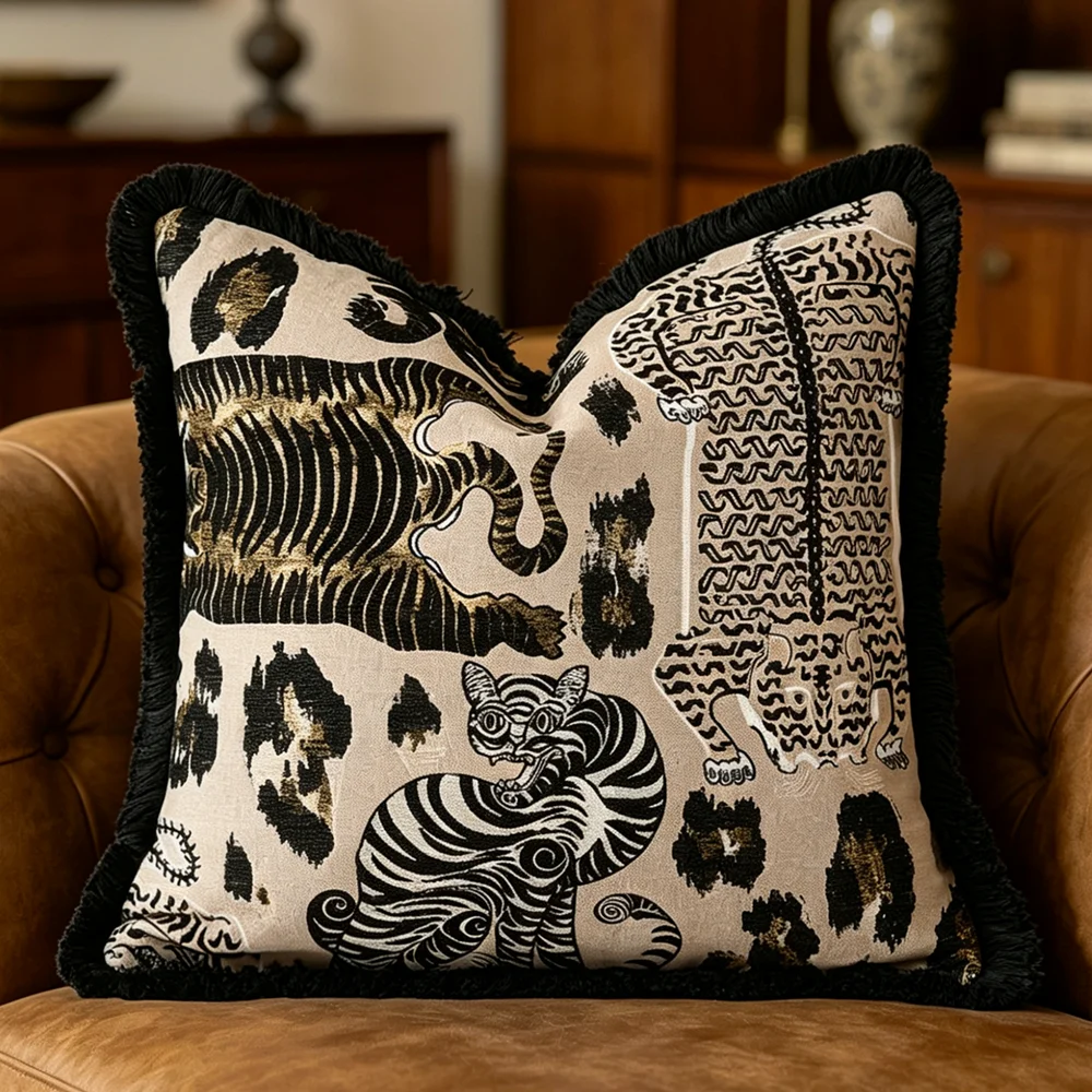 

1 Pc 45x45cm Chic Black Fringes Vintage Tiger Design Pillow Covers Luxury Decorative Throw Cushion Set for Living Room Sofa