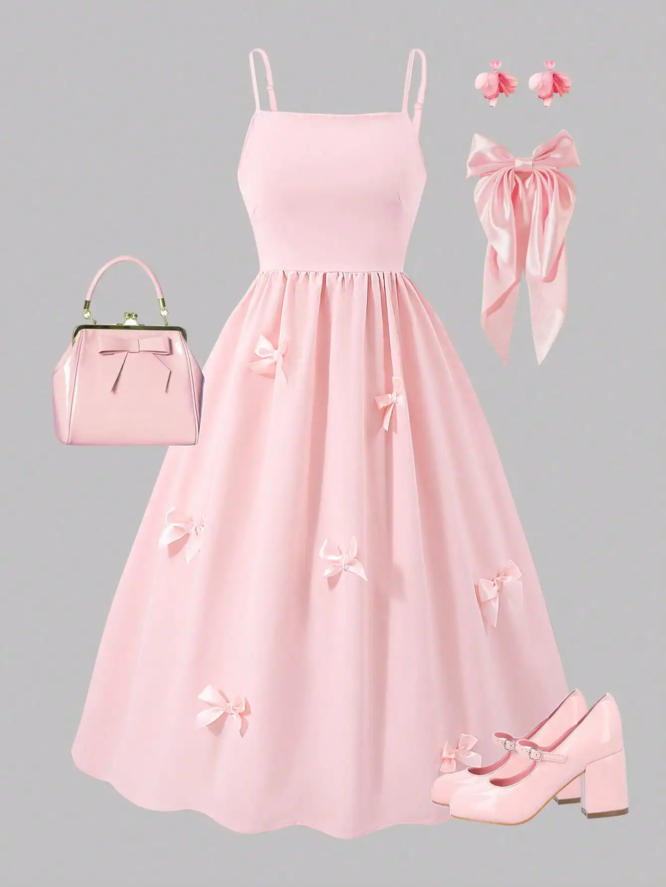 

Розовое платье А-силуэта без рукавов с атласными бантами и зауженной талией для весенне-летних вечеринок