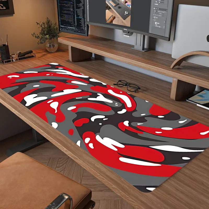 1pc Red Abstract Texture Swirl gaming mousepad, 2mm thick computer keyboard mat, 31.49 x 11.81inch, natural rubber non-slip offi