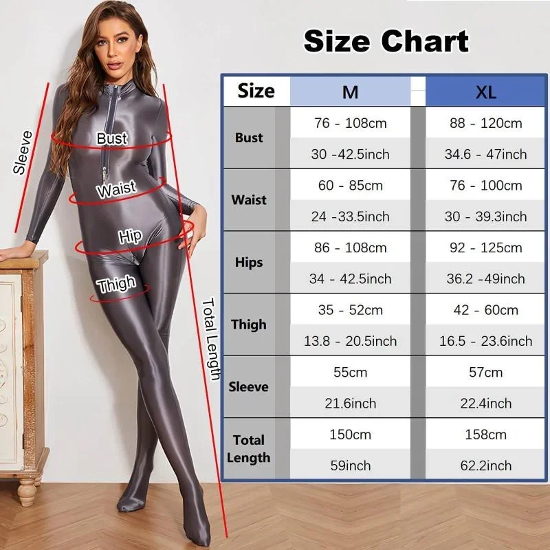 Womens Shiny Satin Glossy Silky Leotard Jumpsuit 2 Zipper Open Bust & Crotch Bodysuit Catsuit For Sex Game Couple Sex Toys