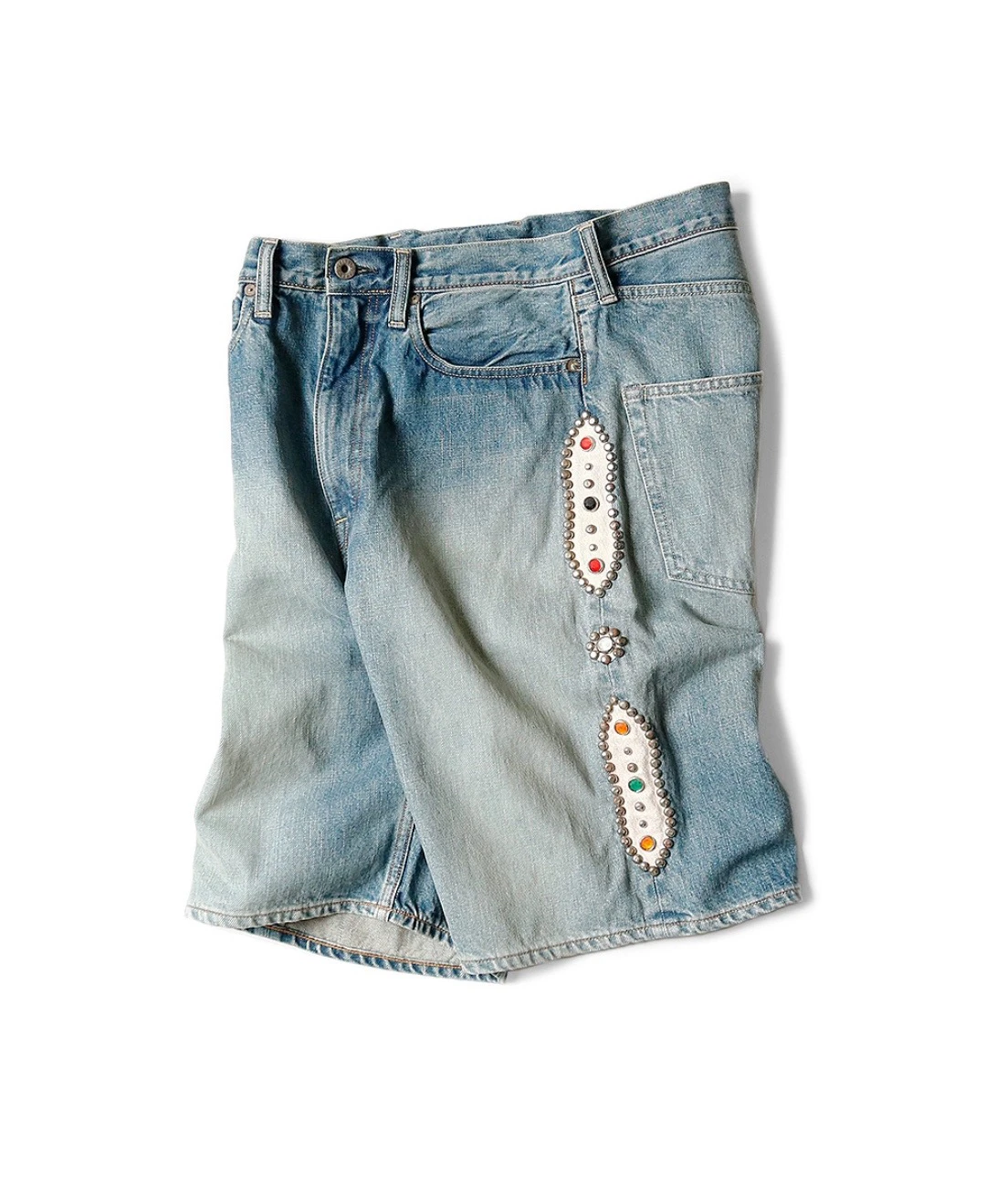 KAPITAL HirMi23SS-Shorts en Denim pour Homme, Teint en Bleu, Rétro, Fait à Vieux Lavage, Rivet Coloré, Incrusté de Diamants et Gemmes