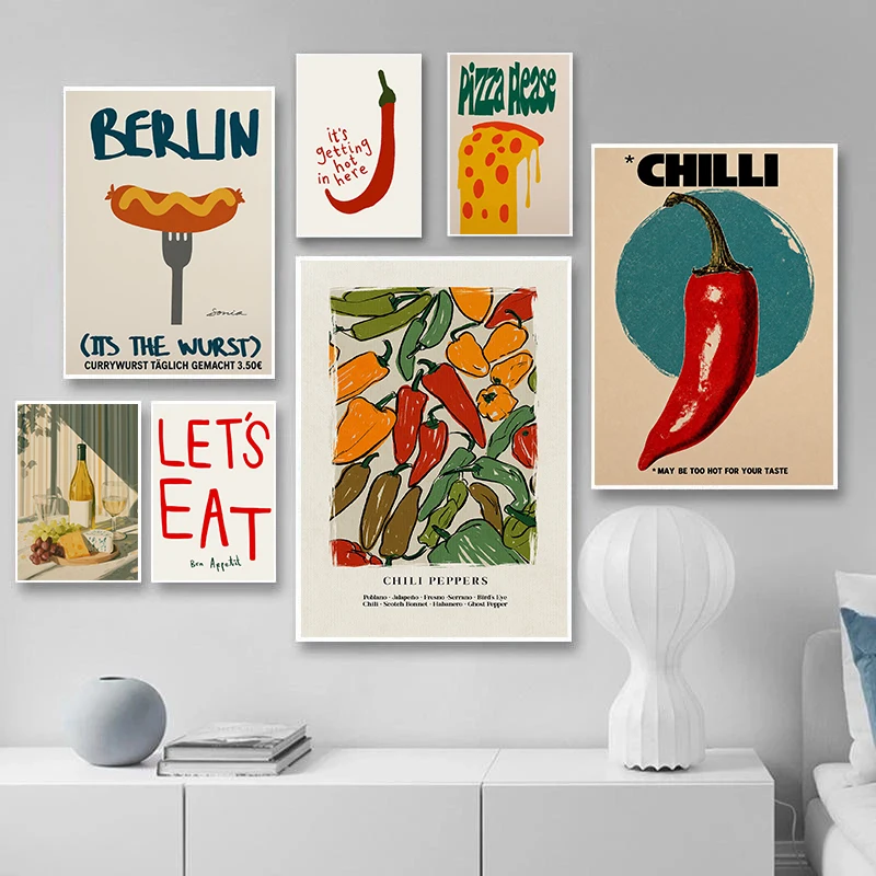 Vintage Kitchen Chilli Pepper Posters Bar Foods Abstract Wine Glass Prints Canvas Painting Wall Pictures Home Living Room Decor