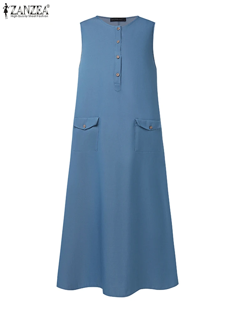 2024 Zanzea muslimischen Maxi Sommerkleid Robe Femme elegante Overalls Kleid Frauen Mode ärmellose A-Linie lose Vestidos Dubai Abaya