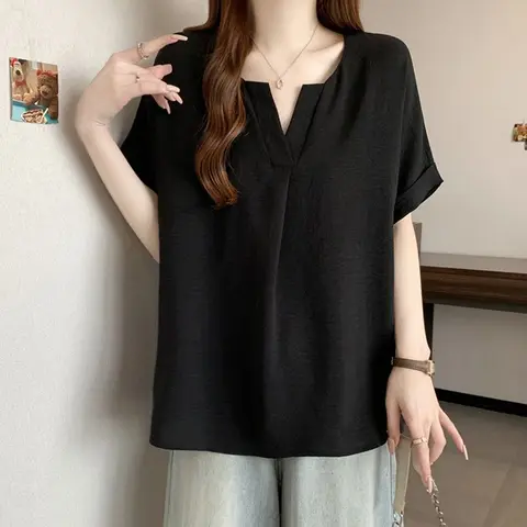 스타일아유 여성용 V넥 무지 루즈핏 캐주얼 반팔 셔츠 시원한 블라우스 데일리룩 BL1756