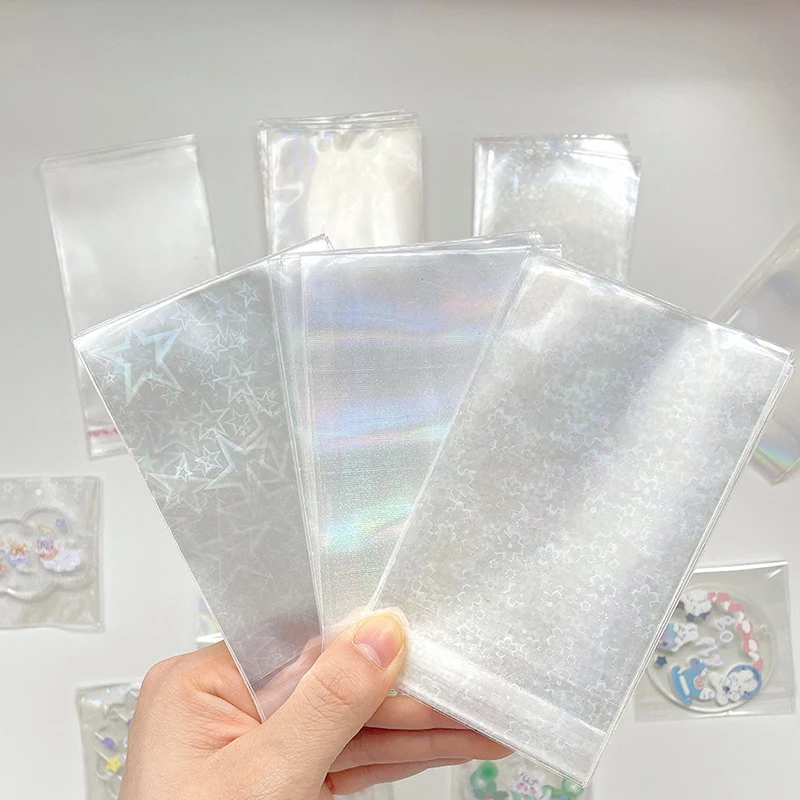 10PCS Transparent Laser Card Storage Self-adhesive Bag Protection Bag Colorful Stars Flowers Photo Protector Cards Shield Cover