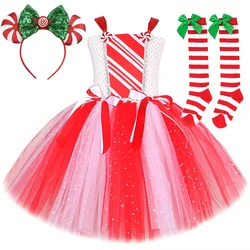 Sparkly Christmas Candy Costumes for Girls White Red Xmas Party Dresses with Bow Socks Kids New Year Tutu Outfit Holiday Clothes