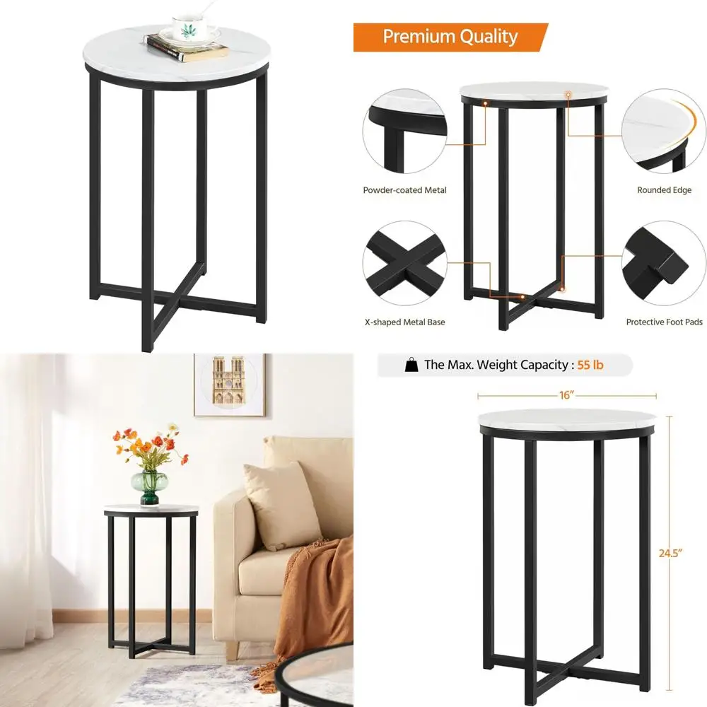 Mesa moderna com detalhes em mármore falso, mesa lateral redonda de 16 polegadas com base X e pernas de metal resistentes para sala de estar