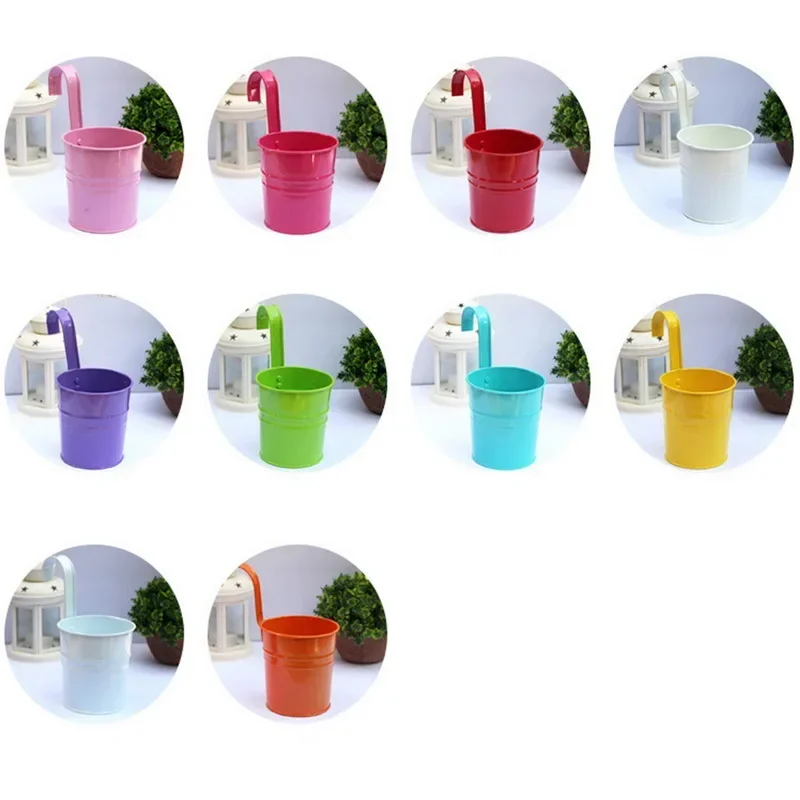 10pc Metal Flower Hanging Flower Pot Hook Wall Removable Candy Color Iron Bucket Tin Garden Balcony Hanging Succulent Basket New