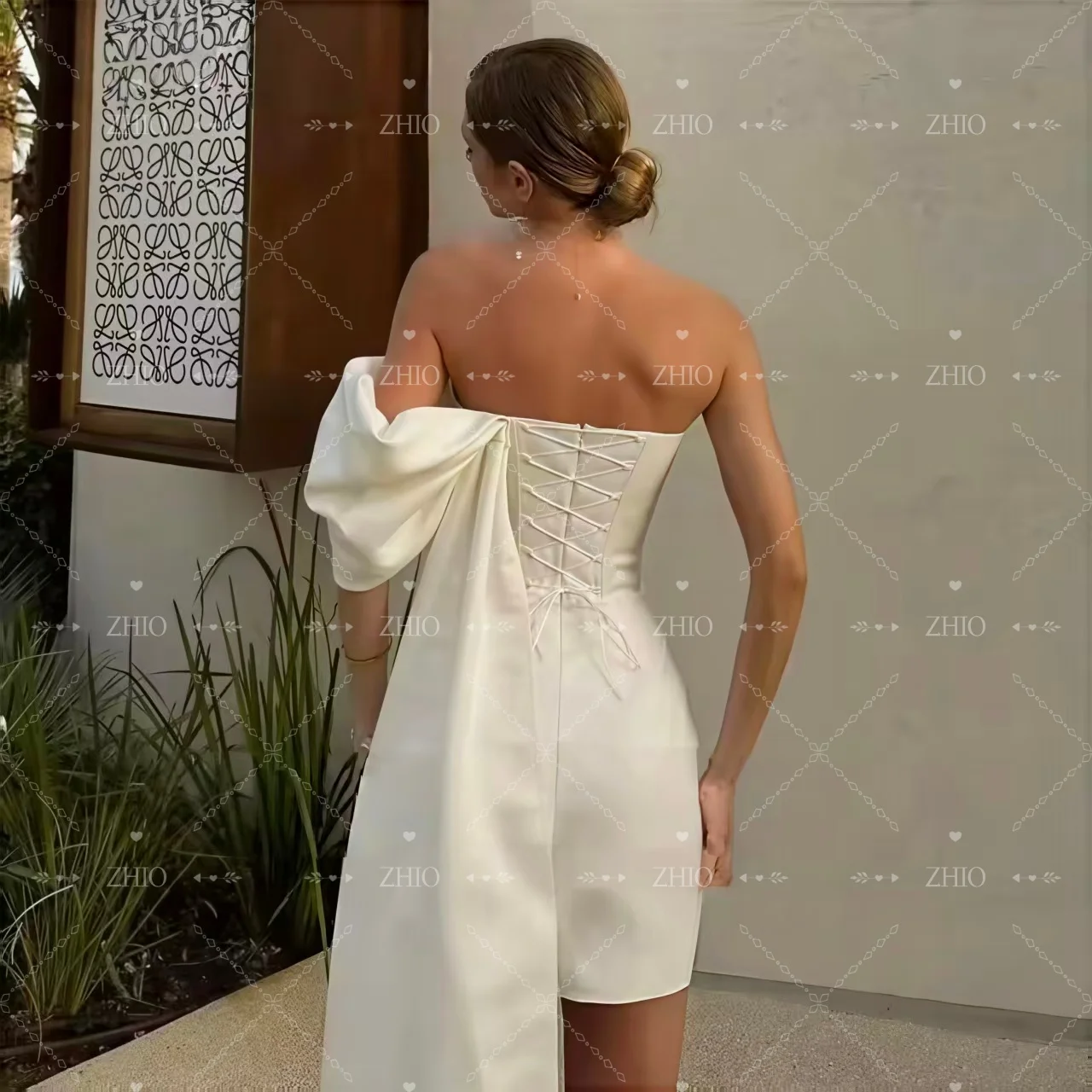 ZHIO Elegante abito da ballo corto con pieghe monospalla con giacca Mini tubino in raso avorio Abiti da sposa per celebrazioni personalizzati