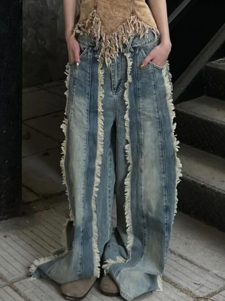 LGRQ 2025, Frühjahr Neue Frauen Volle Länge Denim Hosen Quasten Gespleißt Taschen Distressed Waschbar Breite Bein Hosen Weibliche 19ZZ1699