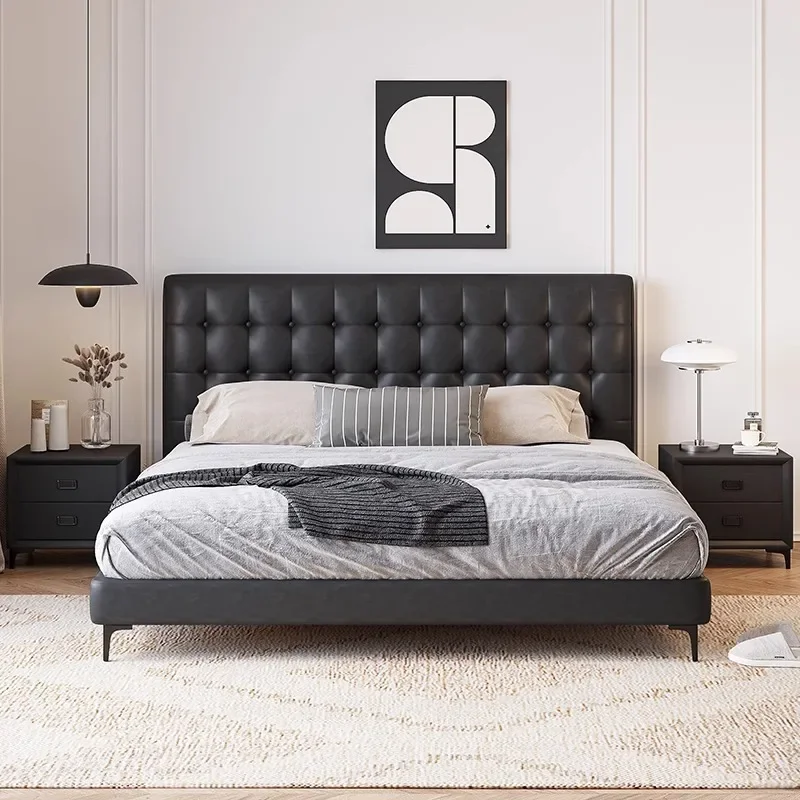Italiaans minimalistisch leren bed, modern minimalistisch hoofdslaapkamerbed, Frans retro