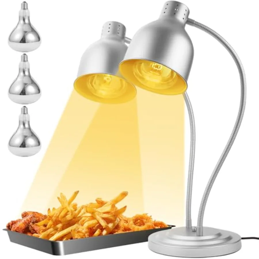 

Commercial Food Heat Lamp with Flexible Arm, 250W Bulb x 3-5000 Hours Rated, Silver Finish for Buffet, Parties, Fast Food