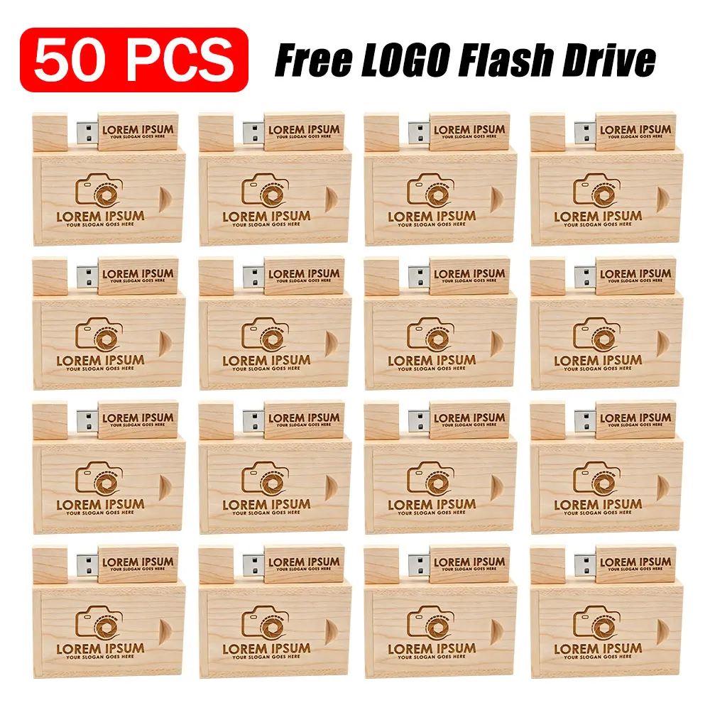 50PCS LOT Wooden USB Flash Drive 128GB Free Custom Logo Memory Stick 64GB Creative Gift Box Pendrive 32GB Real Capacity U Disk