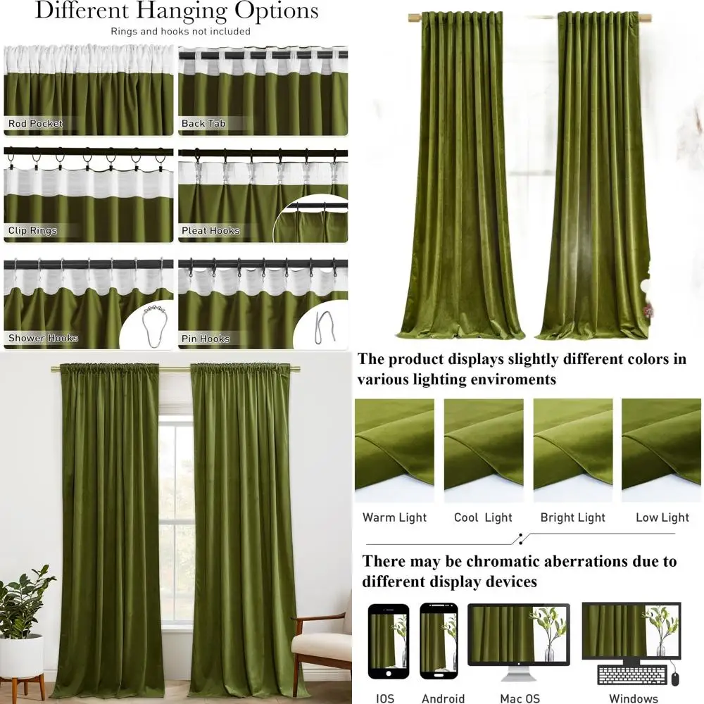 ستائر بوليستر خضراء زيتونية معزولة حراريًا، W52xL84، مجموعة مكونة من لوحتين لغرفة النوم وغرفة المعيشة