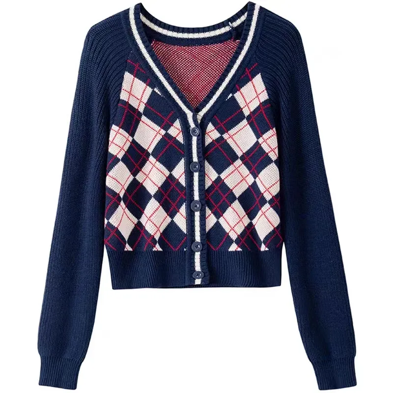 

Korean Trendy Sweet Retro Plaid Sweater Cardigan Contrast Color Argyle Women V-Neck Cropped Casual Sweater Vintage College