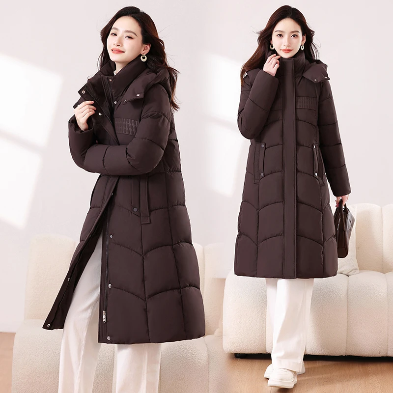 

Winter Female's Quilted Jacket Solid Color Hooded Women's Long Parka Coat Minimalist Long Thickened Jacket