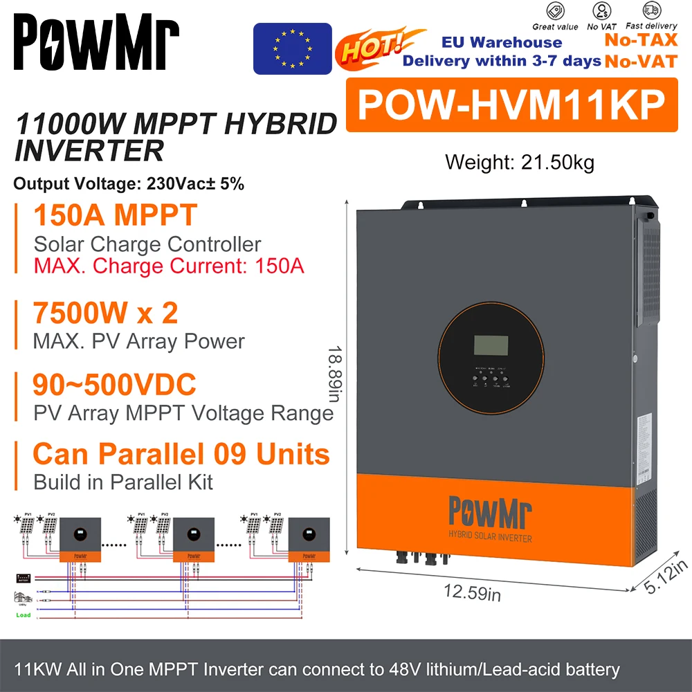 PowMr had een 11KW 48V hybride zonne-omvormer, 220V zuivere sinus drive, MPPT 150A zonnecontroller, dubbele PV-uitgang voor 500V panelen, met WIFI.