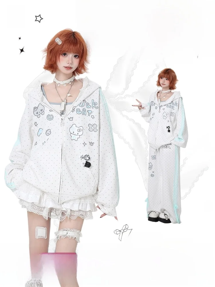

Crazygirl Cute Polka Dot Stripe Design Hooded Loose Casual Sports Jacket Women's Fashion Spring Long Sleeve Zipper Closure Coat