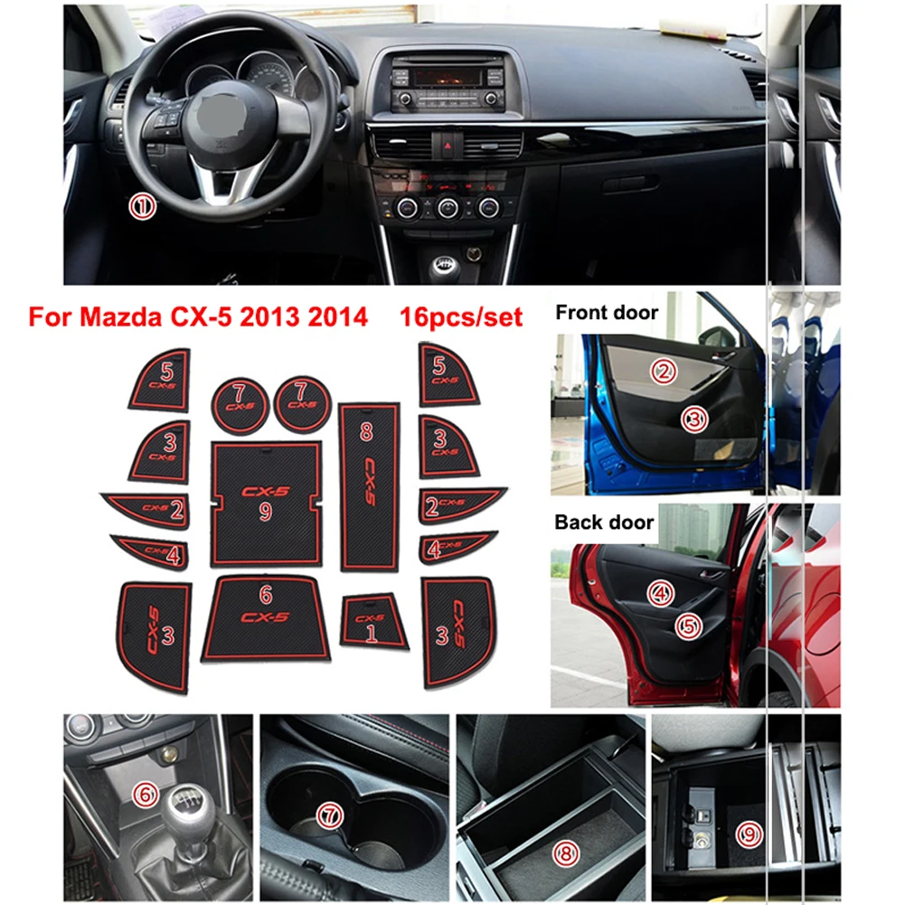 Rubber Mat Door Mat Anti-slip Cup Pad For Mazda CX-5 CX5 CX 5 2013 2014 16pcs Interior Decoration Accessory Gate Slot Pad