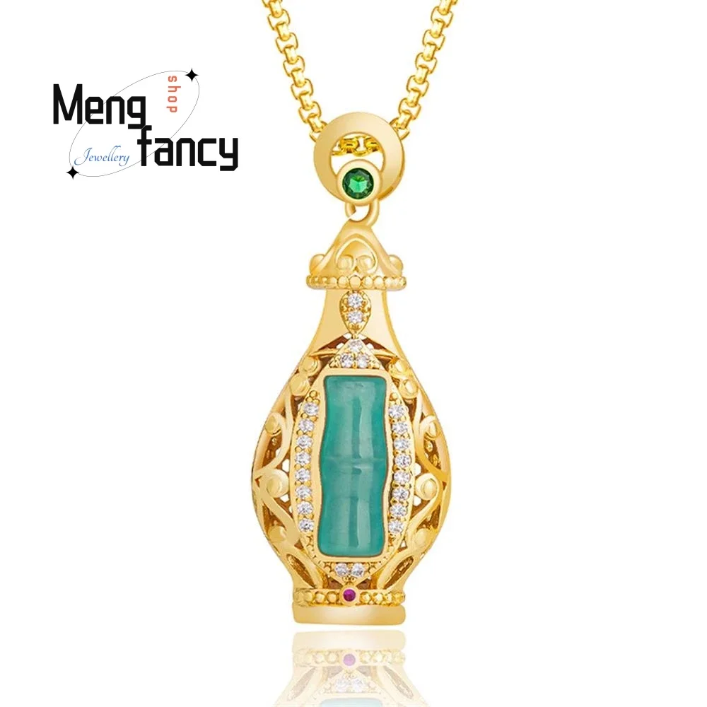 Natural A-goods Jadeite Blue Water Bamboo Vase Copper Gold-plated Icy Jade Pendant Luxury Exquisite Couple Fashion Fine Jewelry