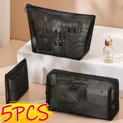 Sac à cosmétiques à fermeture éclair en maille de nylon, sacs de rangement de maquillage, sacs de voyage portables, petite et grande trousse de toilette transparente, poudres, noir, 1 pièce, 5 pièces