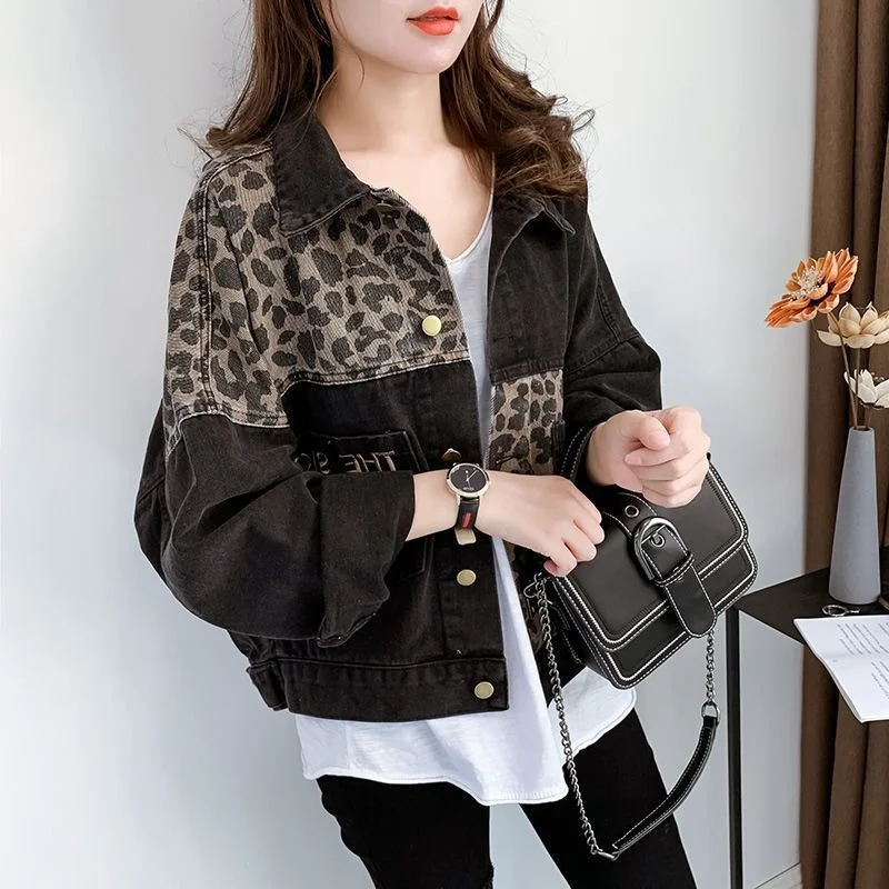 Spring Autumn Trendy Leopard Print Tops 2024 Women Large Size 4XL Printing Denim Coat Korean Ladies Fashion Short Jeans Jacket