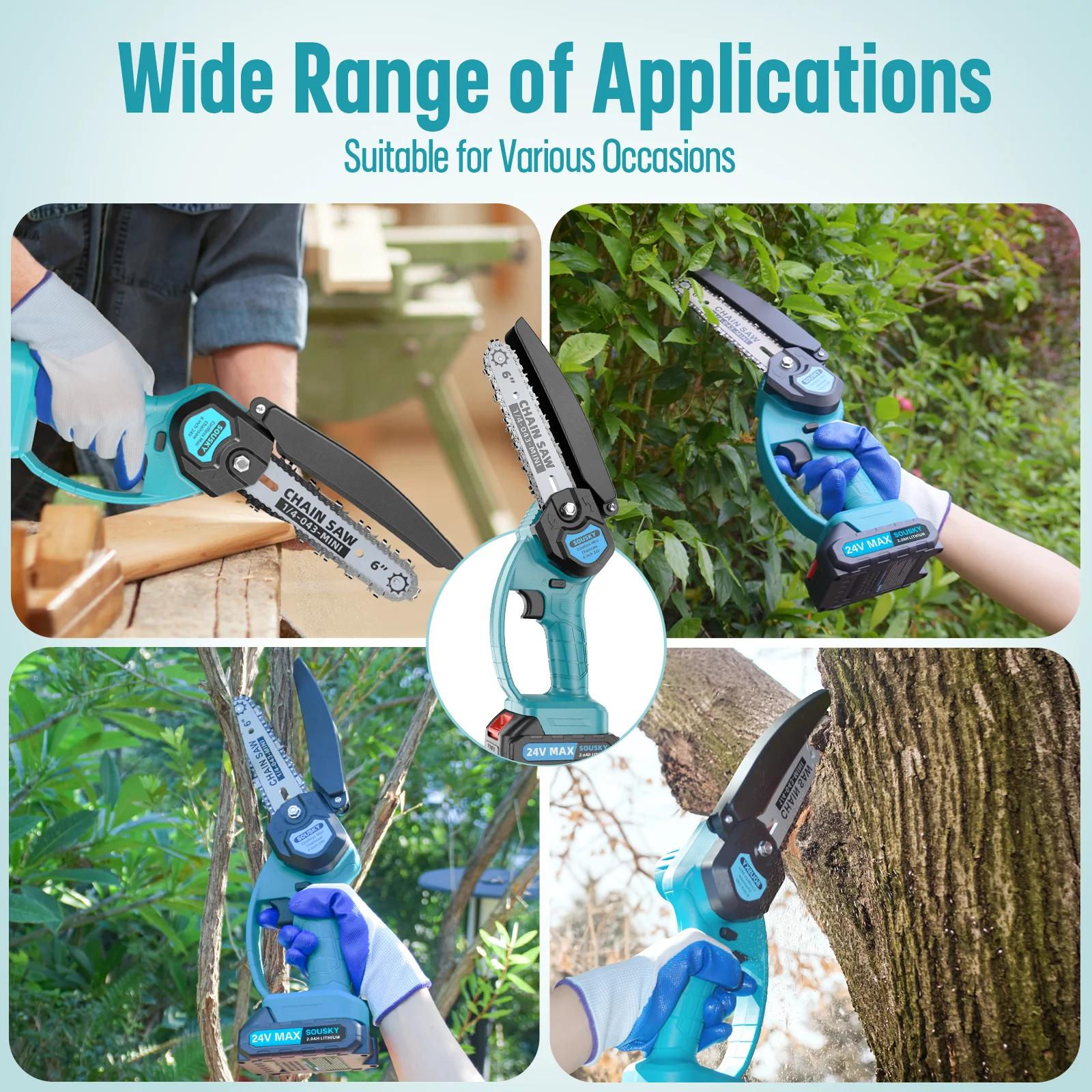 6 Inch Cordless Electric Chainsaw Rechargeable Handheld Power Tool for Woodworking Garden Pruning Trees - No Battery Included