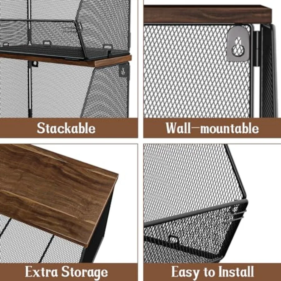 2 Tier Fruit Basket for Kitchen Counter, Stackable Onion and Potato Storage Basket, Wall Mounted Wire Basket with Wood Lid, Han view 5