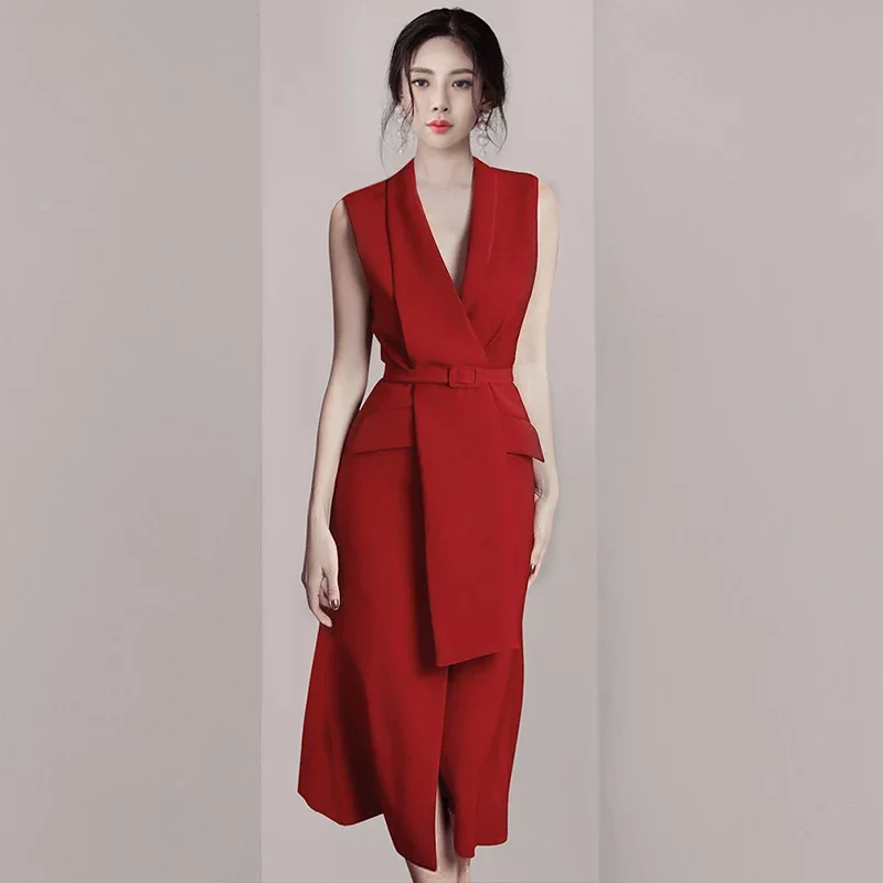 

Spring Autumn 2023 New Party Bodycon Dress Runway Women Notched Collar Long Sleeve Red Midi Dress Office OL Belt Vestidos