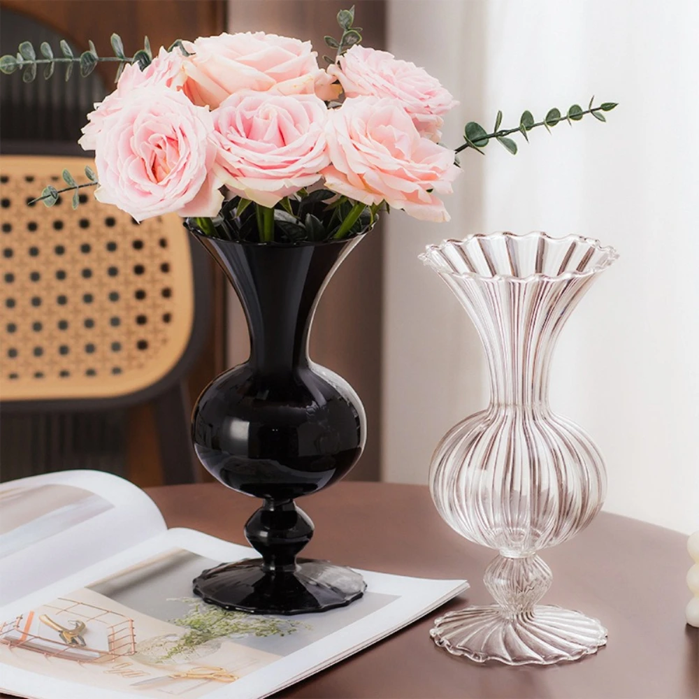 Modern Flower Vase with Ruffled Rim Transparent Flower Arrangement Bottle Living Room Office Desktop Decoration Ornaments
