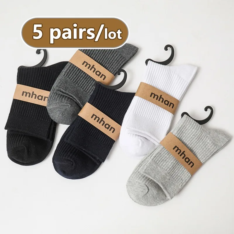 White Socks Men Set Vertical Strip Casual Socks Breathable High Quality Solid Color Cotton 5 Pairs Crew Japanese Fashion Spring