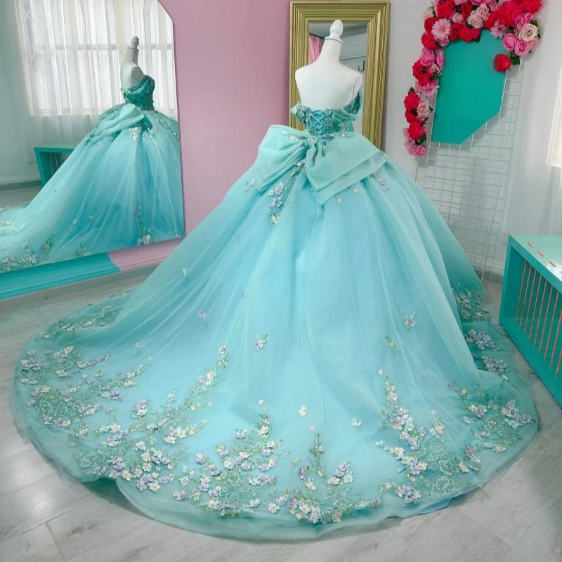 Water Blue Shiny Quinceanera Dresses Applique Lace Beading Bow Tull Court Train Off Shoulder Sweet 16 Dress Vestidos De 15 Anos