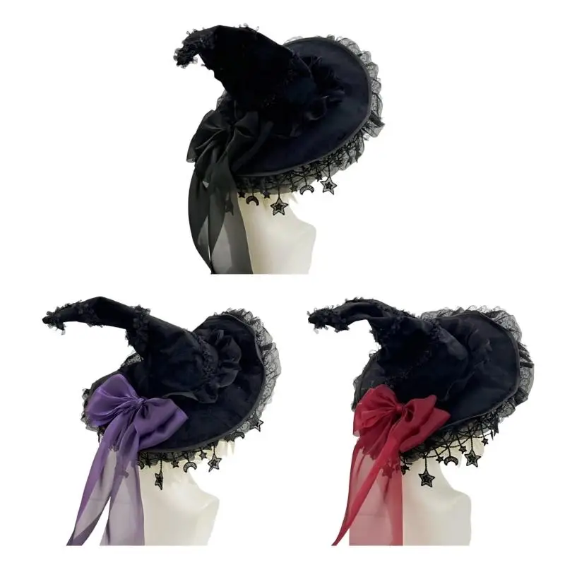 

39BD Wide Brim Witches Hat Witch Caps Large Black Witches Witch Hat Halloween Cosplay Costume Wide Brim Pointed Hat Gifts
