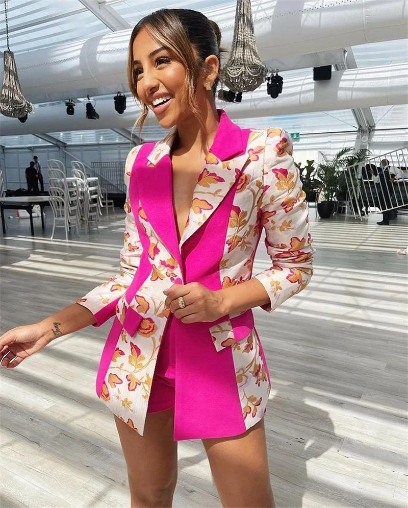 Satin Evening Dress Women Suits Set 2Pcs Blazer+Short Pant Party Prom Dresses Floral Ins Hot Girl Jacket Outfits Robe De Mariée