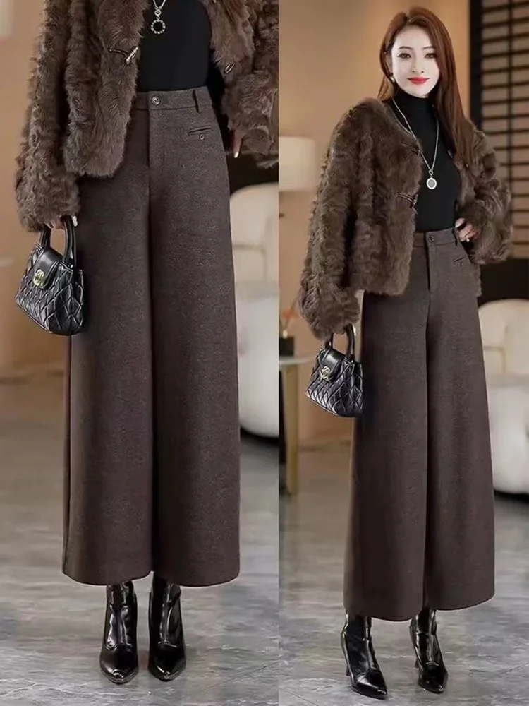 High Waist Fleece Lined Wool Wide Leg Pants Women's Black Grey Nine Point Fashionable Autumn Winter Commute Style Straight Cut