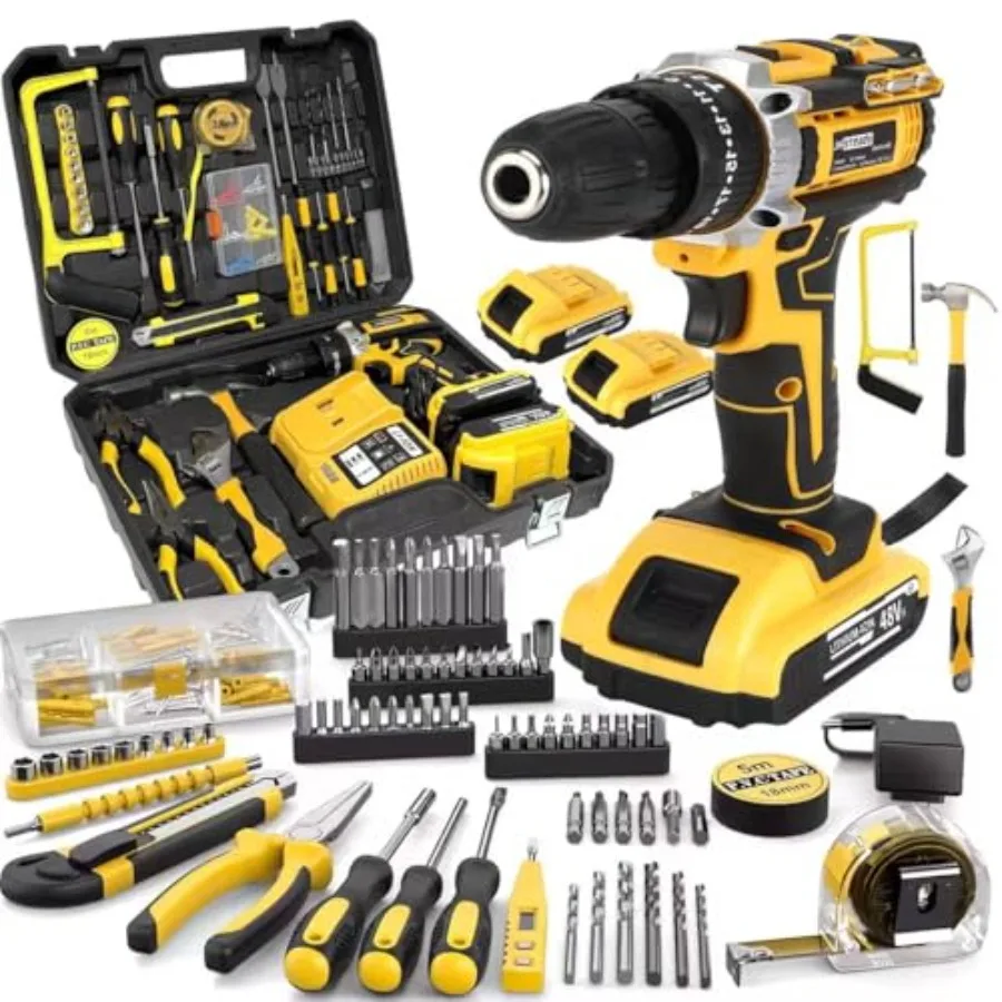 

21V Cordless Drill Set 136pcs Heavy-Duty Impact Drill with Carrying Case All-in-One Hand Tool Set in Black Ideal for Gardening
