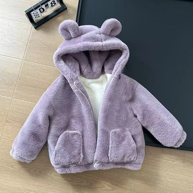 

2025 New Autumn and Winter Girls' Baby Hooded Hair Warm Jacket Fashion New Style Children's Plush Thick Cute Coat 90-140CM
