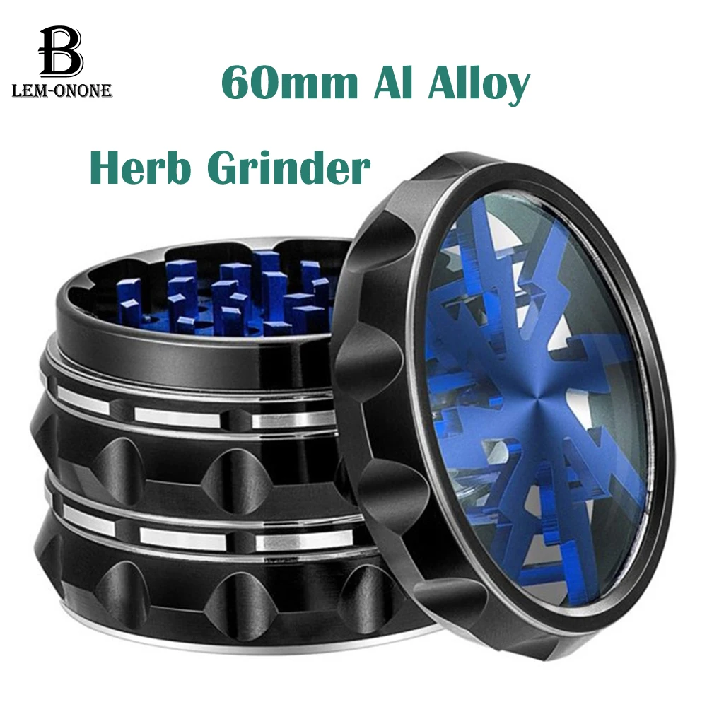 60mm Al Herb Grinder 4-parts Metal Spice Mills Transparent and Visible Skylight Tobacco Crusher Smoking Accessories for Smoker