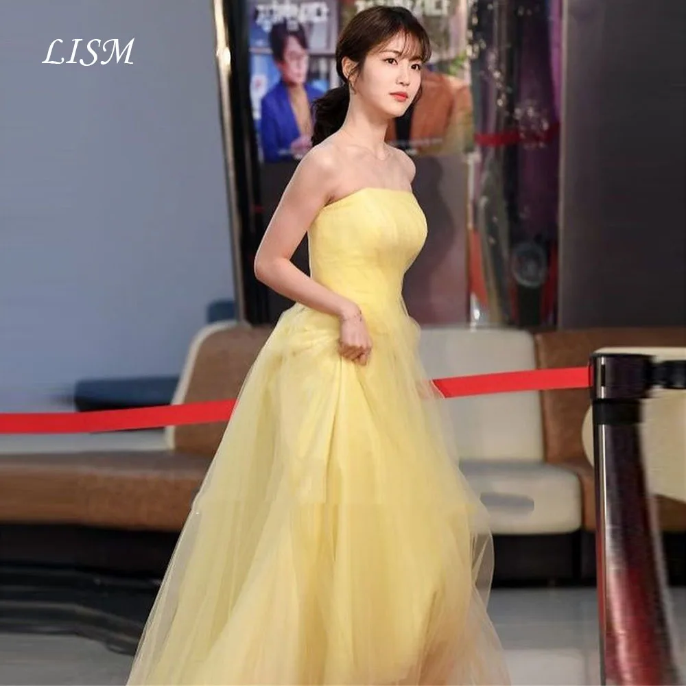 فساتين LISM مخصصة للحفلات المسائية باللون الأصفر بدون حمالات من التل الكوري بدون أكمام لحفلات الزفاف للنساء فساتين حفلات للمناسبات