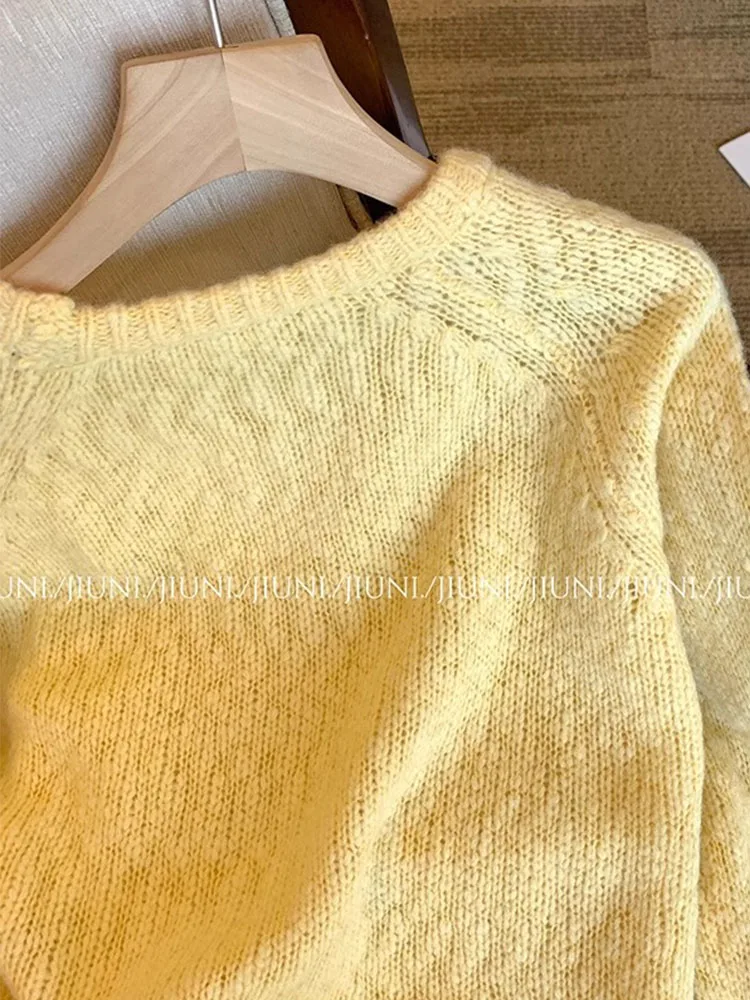 French Elegant Sweet Sweater O-Neck Oversized Funny Floral Duck Print  Knitted Pullover Yellow Casual Jumper 2023 Autumn Winter