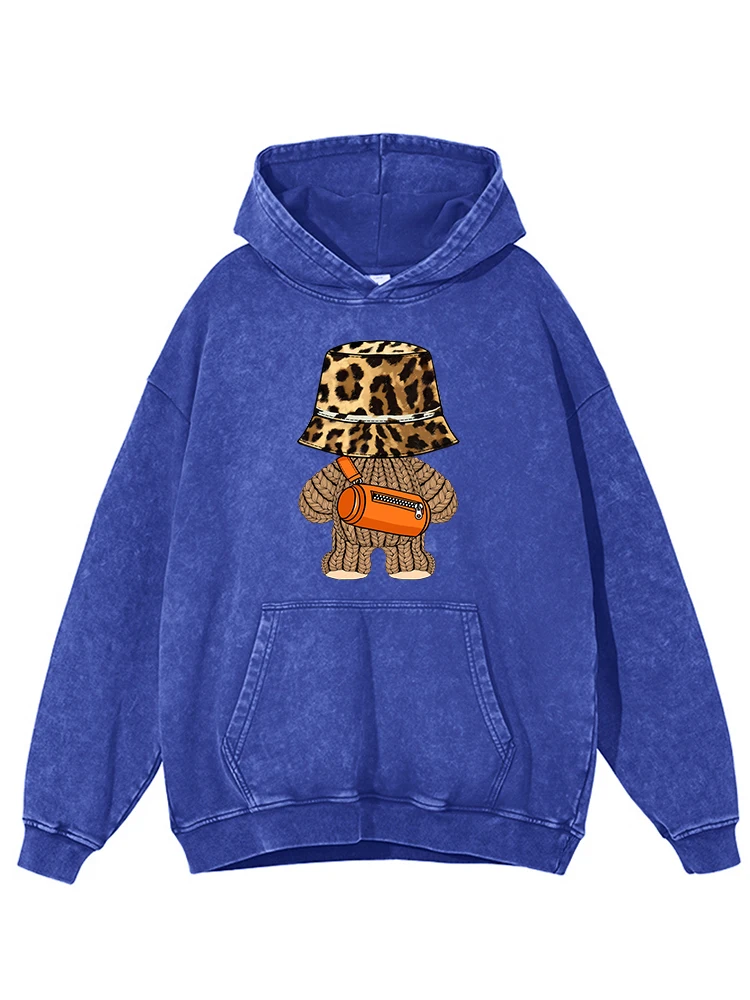 

Hip Hop Tide Little Bear Print Washed Distressed Women Hoodie Fashion Oversize Vintage Hoody Autumn Warm Cotton Basic Clothing