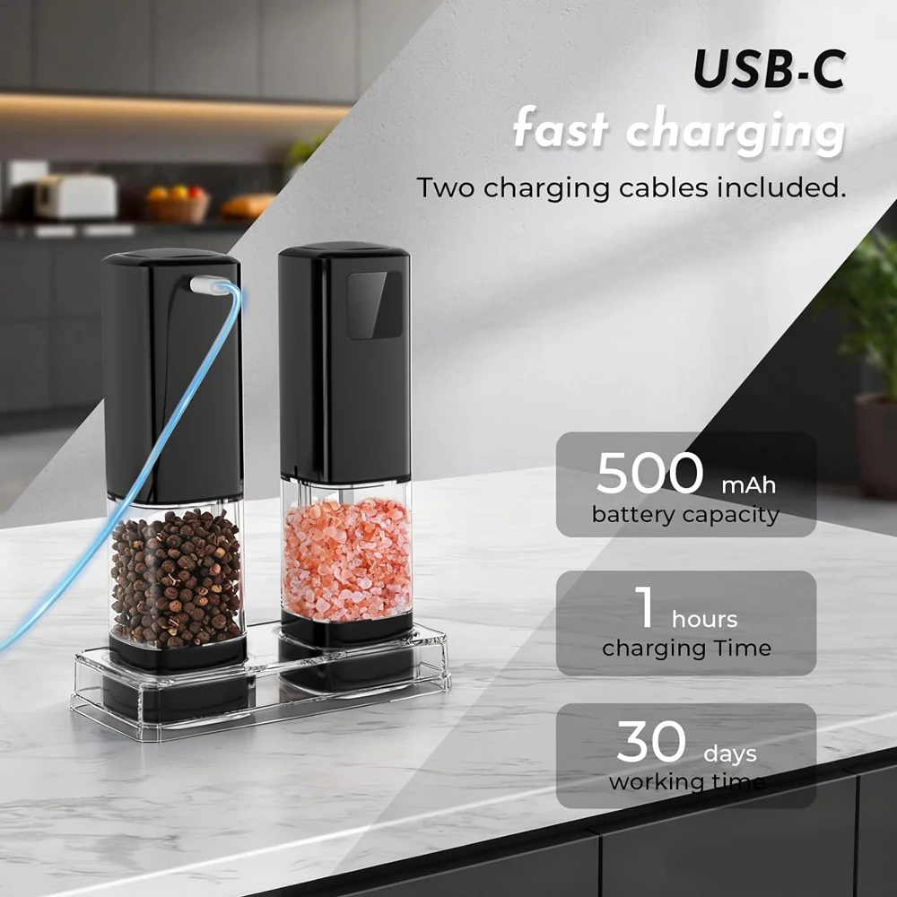 Electric Salt and Pepper Grinder Set Rechargeable with LED Display, Large Capacity Pepper Shakers with Ceramic Core,LED Light view 5