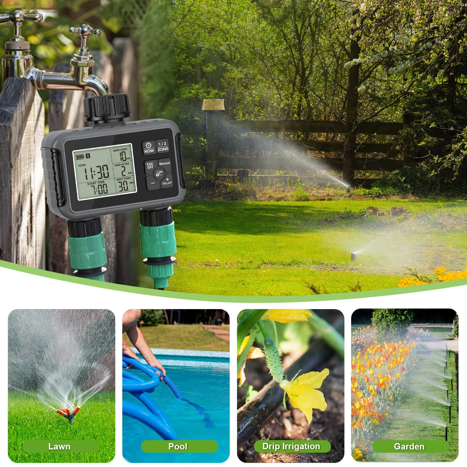 Water Timing System 2-Outlet Water Timer Precisely Watering Up Outdoor Automatic Irrigation Fully Adjustable Program