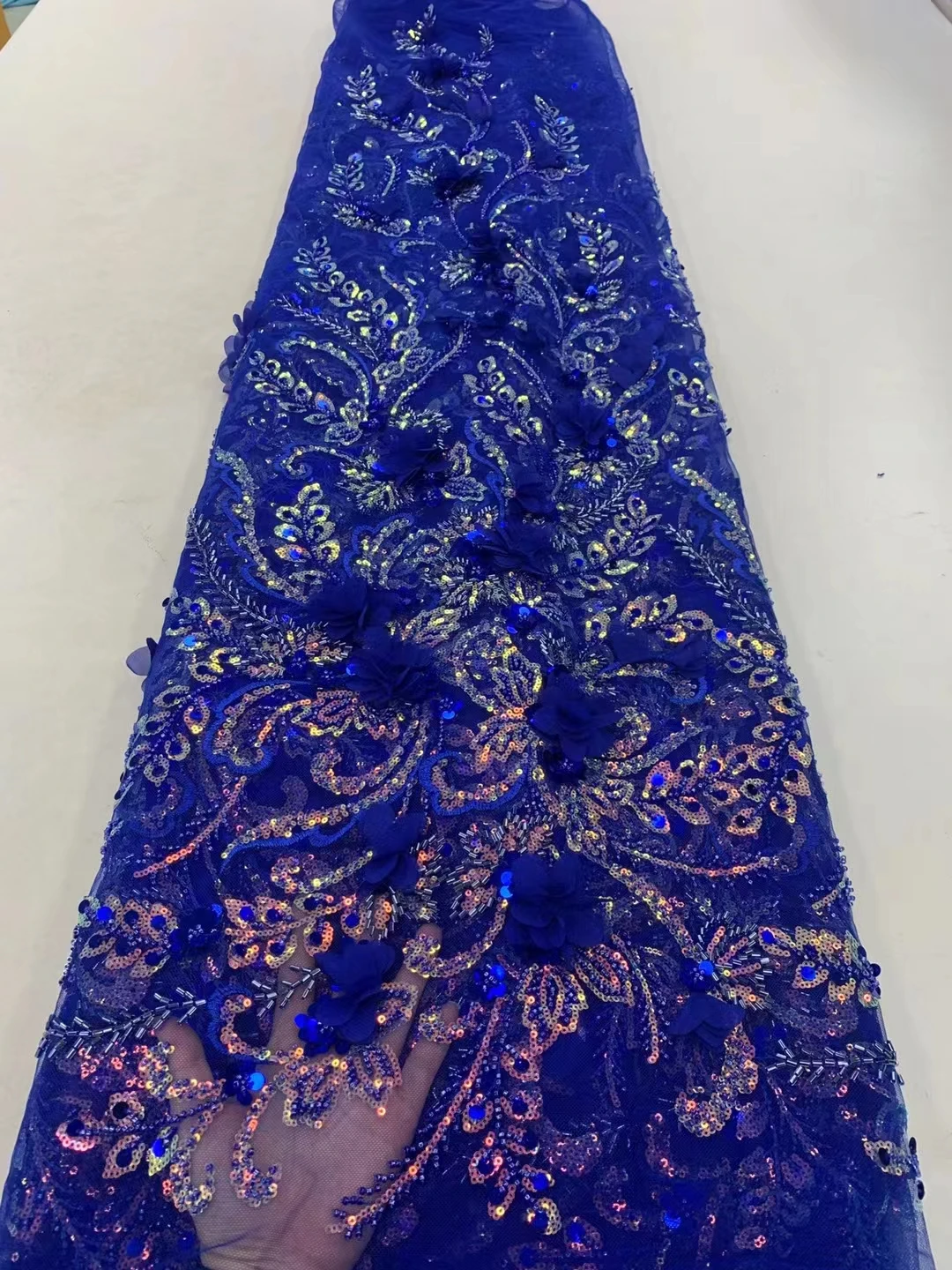 Luxury Royal Blue French Sequin 3d Flowers Lace Fabric For Evening Dress African Nigerian Tube Beads Lace Party Fabric zx