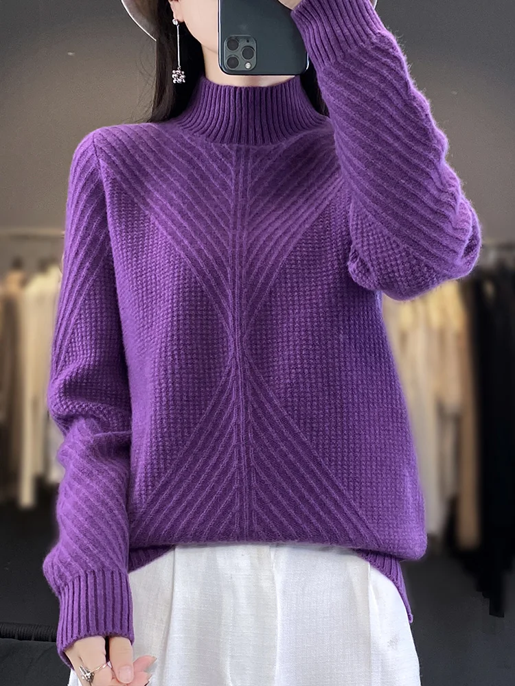 

Women New 100% Merino Wool Sweater Autumn Winter Half High Neck Jumper Solid Loose Knit Base Shirt Long Sleeve Casual Warm Tops