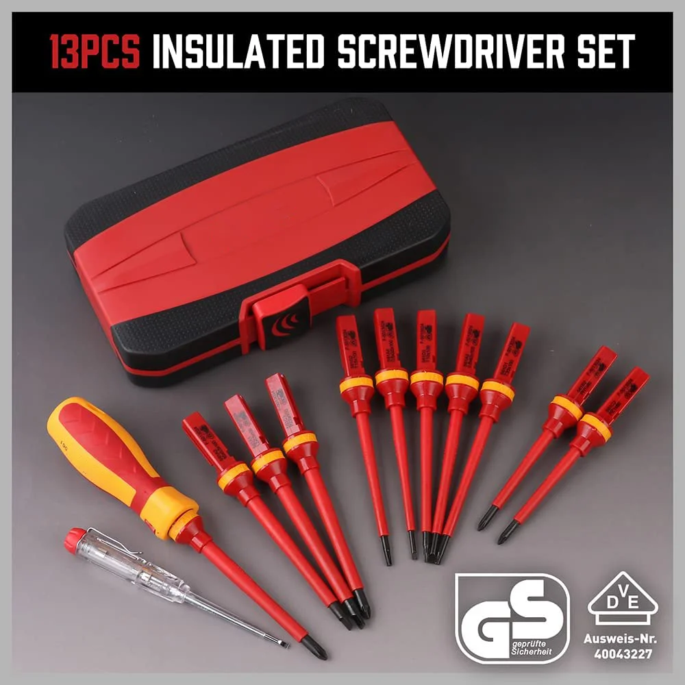 13Pcs Electrician Repair Tools Kit 1000V Changeable Insulated Screwdrivers Set with Magnetic Slotted Phillips Pozidriv Torx Bits