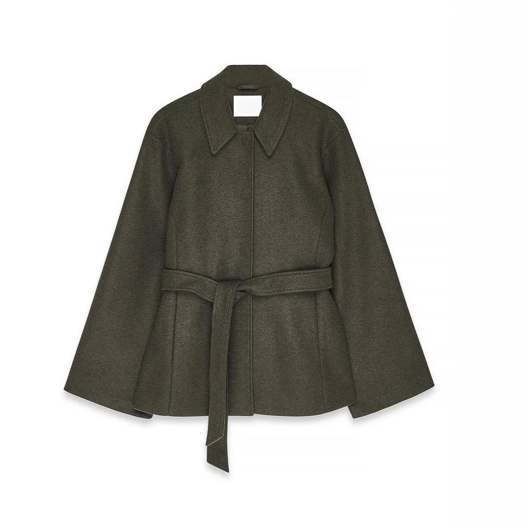 

2025 Winter New Women's Clothing Solid Color Lapel Long Sleeve Button Belt Wool Jacket