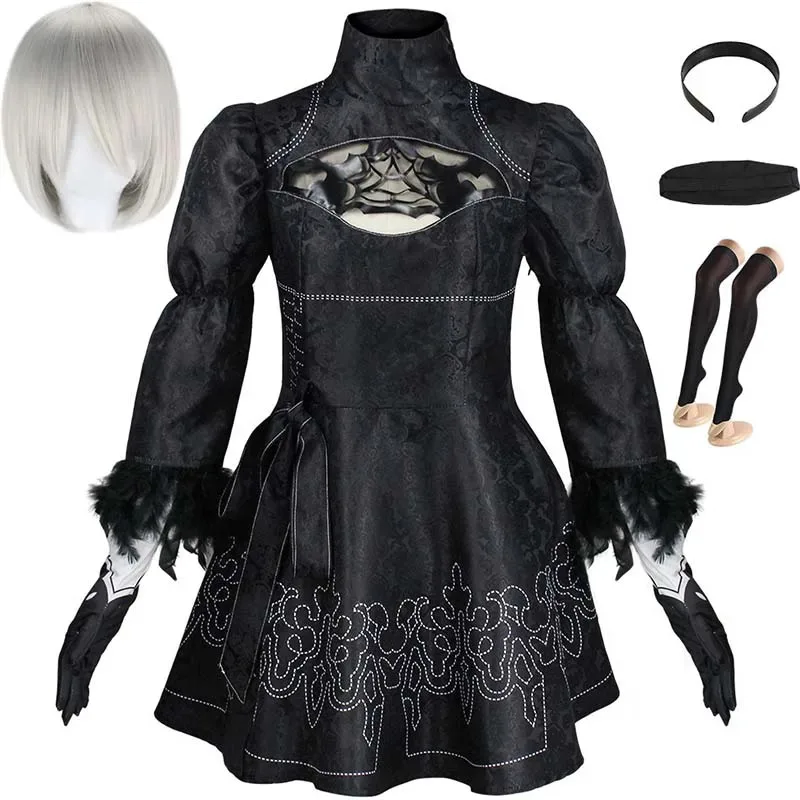 Disfraz de Cosplay de Yorha 2B de talla grande, vestido de leotardo negro 2B, conjunto completo de Halloween Shojou, trajes de chica mágica, peluca, guantes, calcetines con máscara para el ojo
