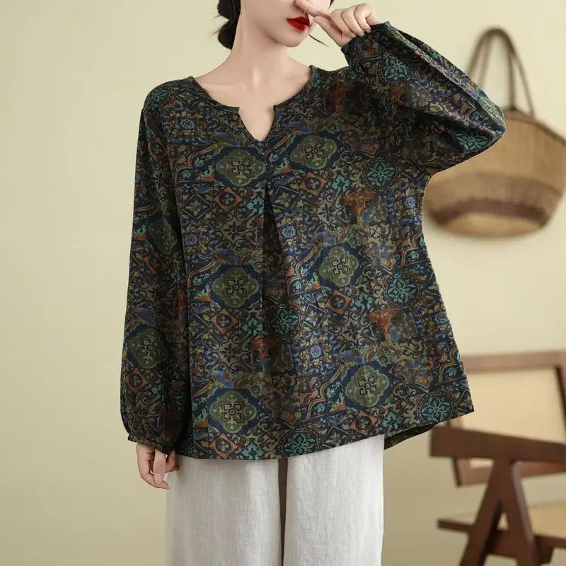 Chinese style  Autumn Women's Cotton hemp V-Neck Printing Vintage Fashion Indie Folk Long Sleeve Loose Pullovers T-Shirts Tops